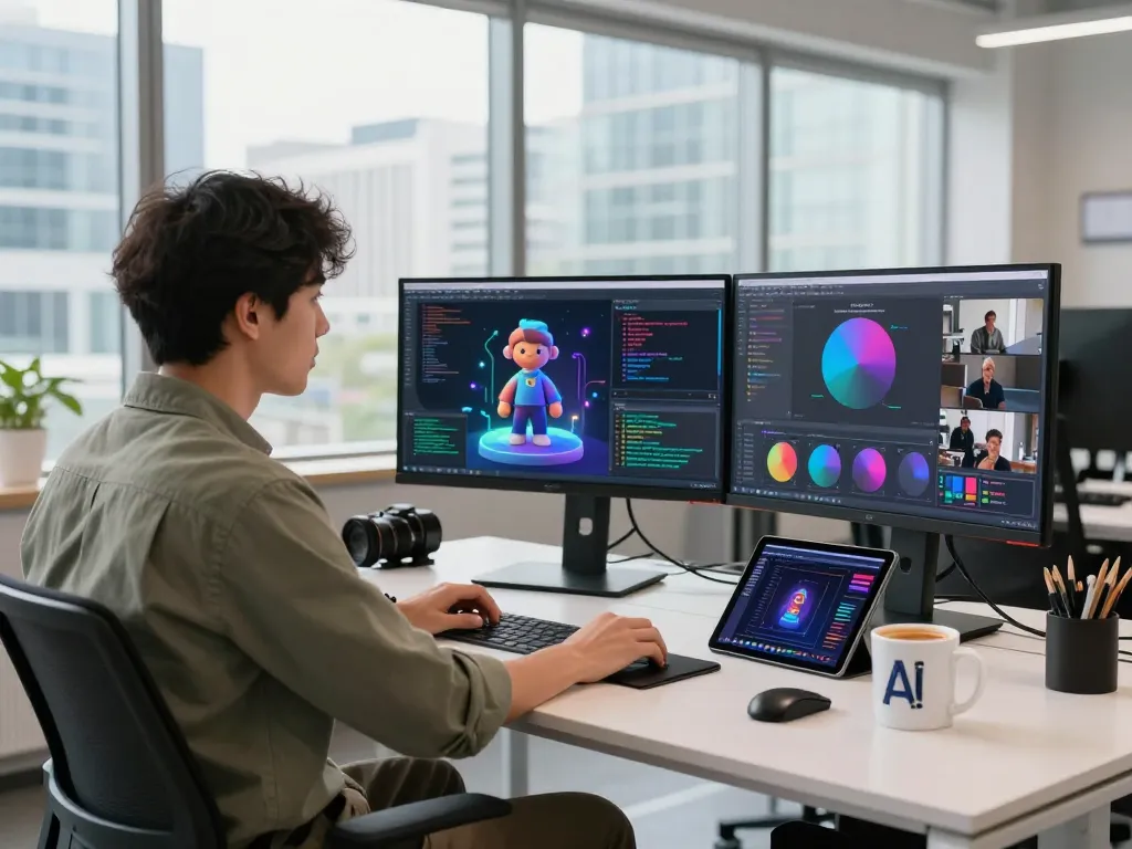 Creative professional utilizing mind control AI in modern tech workspace with dual screens showcasing animated visuals.