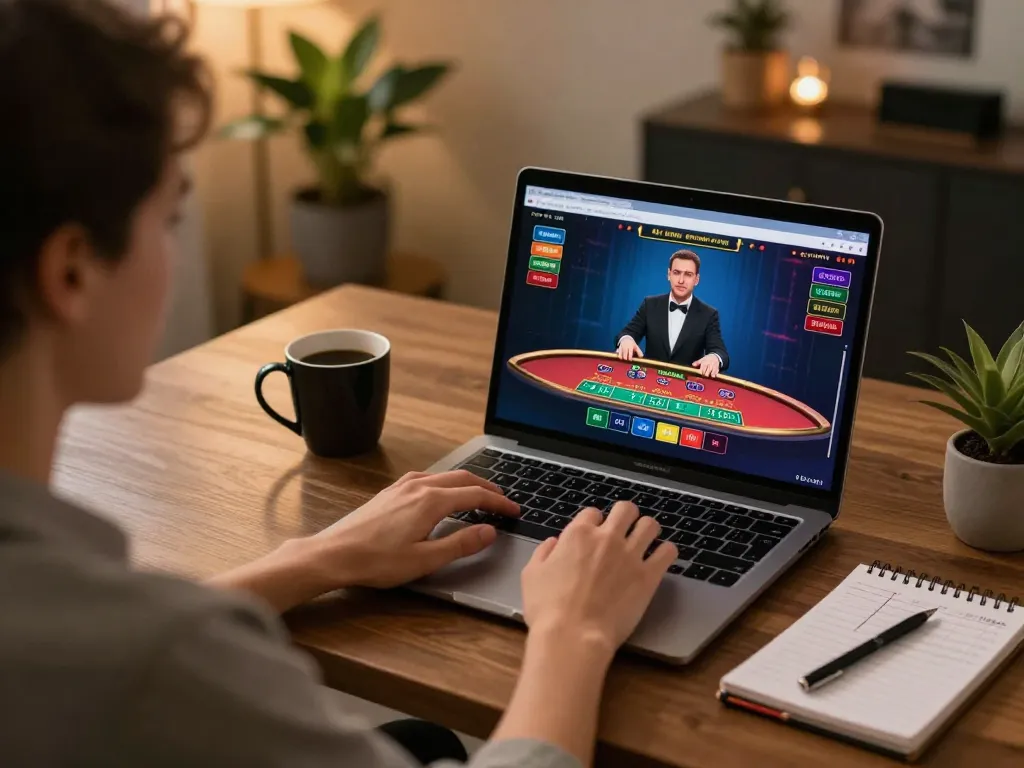 gem88 player engaging in online blackjack at home workspace, highlighting strategic gaming atmosphere.