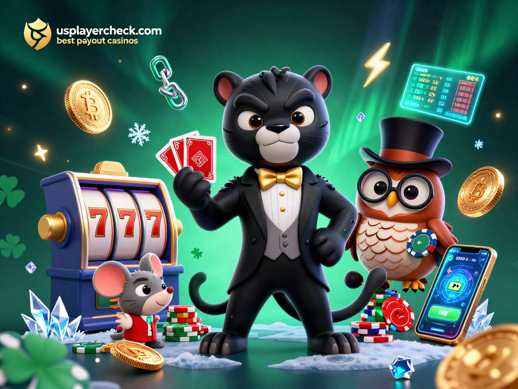 Engage with usplayercheck.com best payout casinos while the stylish panther deals cards amidst vibrant casino elements.