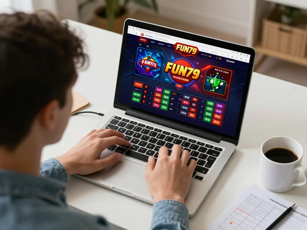 Player strategizing online betting on FUN79 platform from a cozy home office setup.