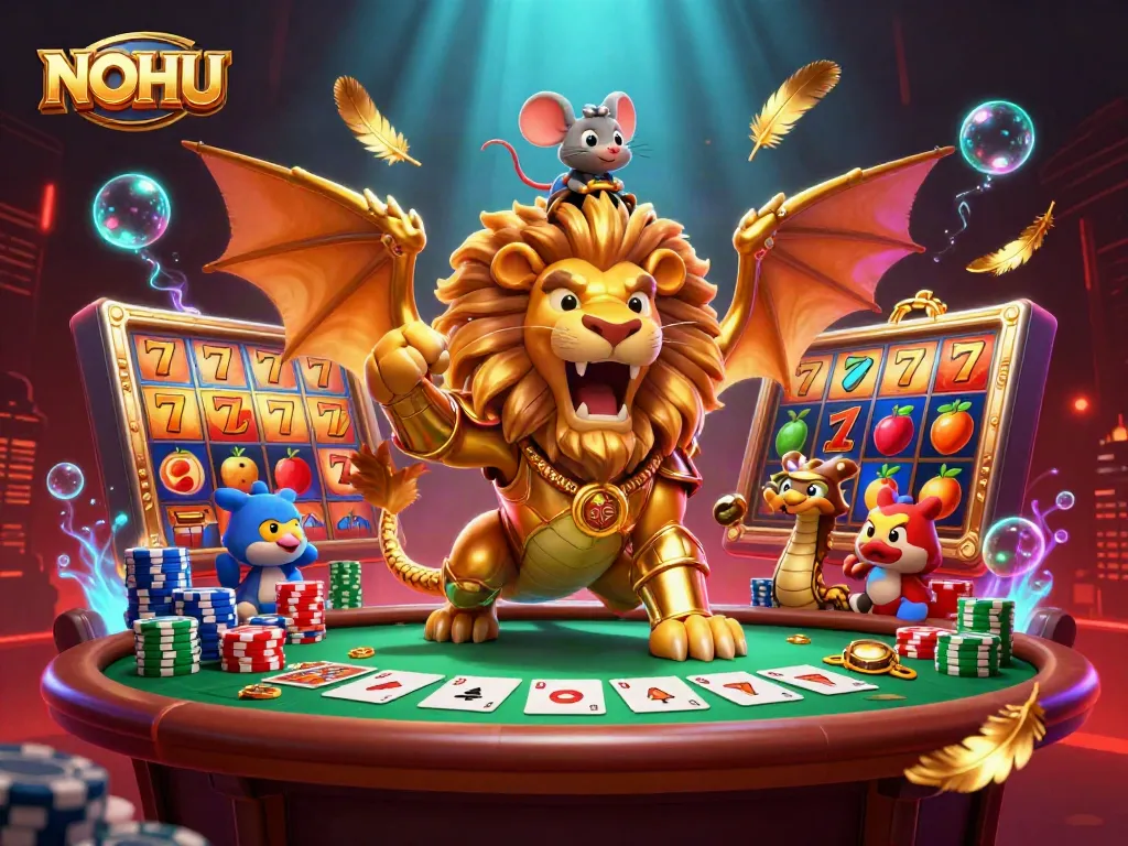Experience the excitement of NOHU with a dynamic 3D illustration of golden chimera creature amidst vibrant casino elements.