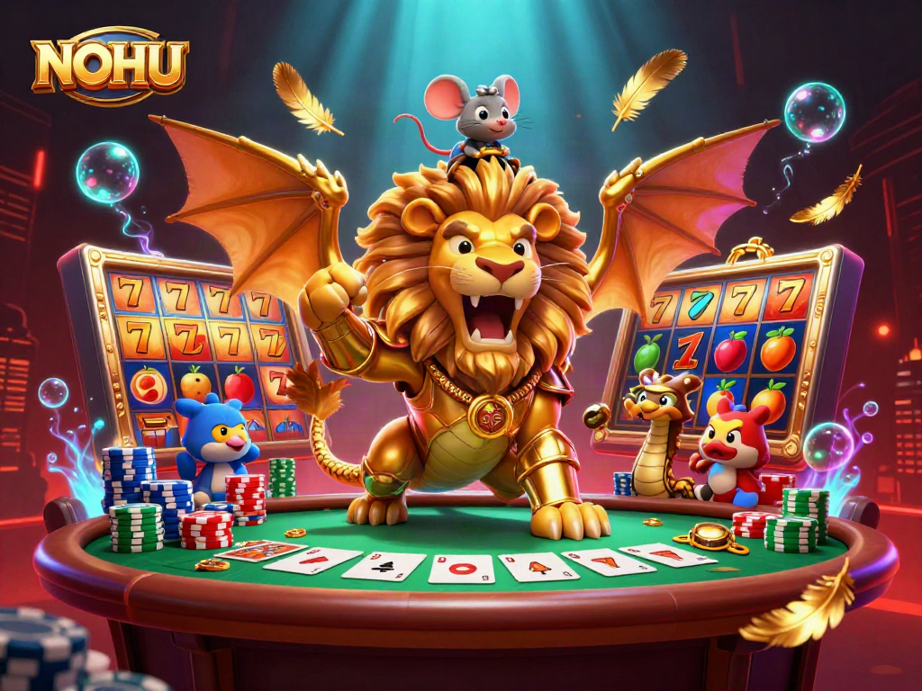 Experience the excitement of NOHU with a dynamic 3D illustration of golden chimera creature amidst vibrant casino elements.