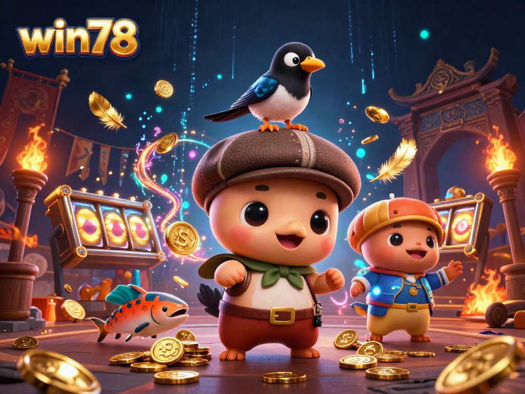 Experience the excitement of win78 with Nessie and friends enjoying slot games and golden coins.