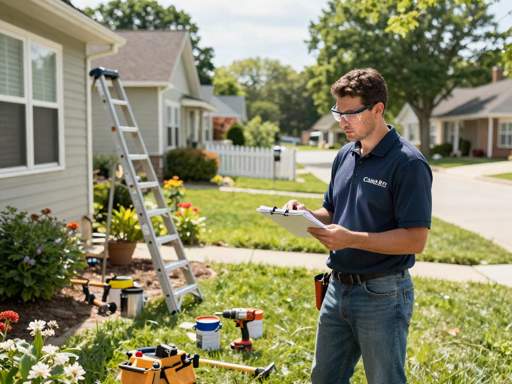 Professional contractor providing home repair services Des Moines Iowa, inspecting a house with tools and checklist.