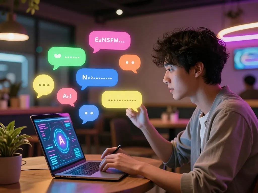 Interactive scene of ai nsfw chat in a cozy virtual café, featuring a user chatting with a vibrant AI character.