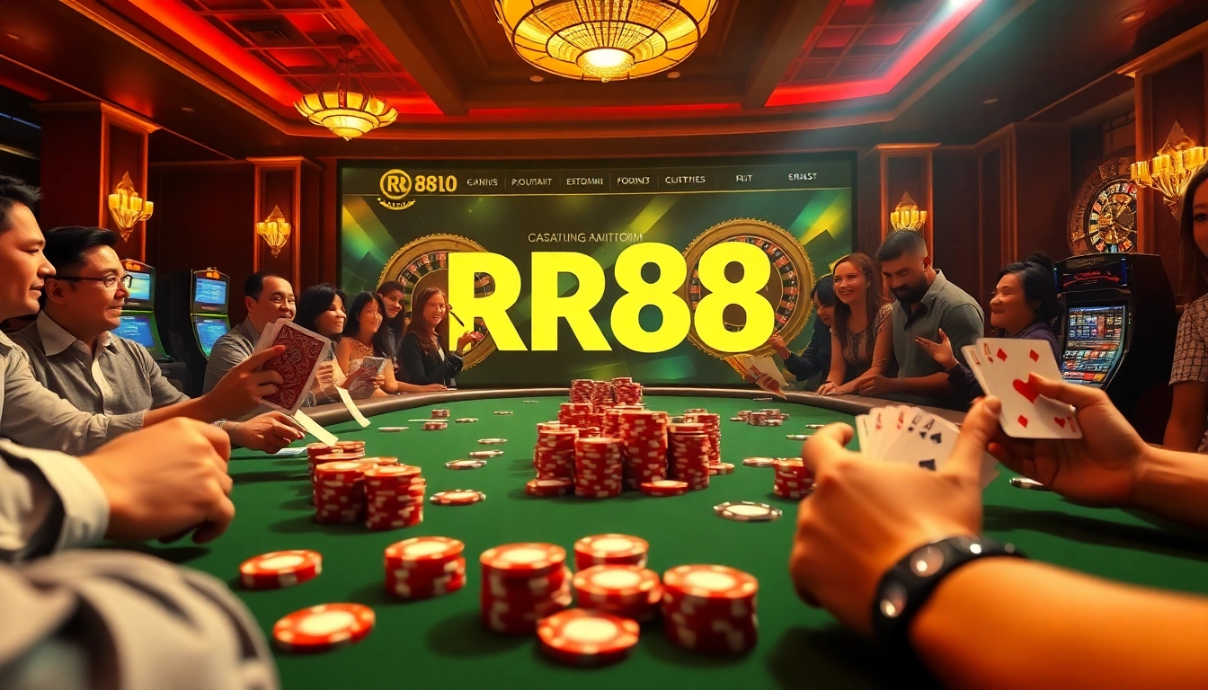 Experience the excitement of high-stakes gaming at https://rr88.black/, featuring vibrant poker chips and lively players.