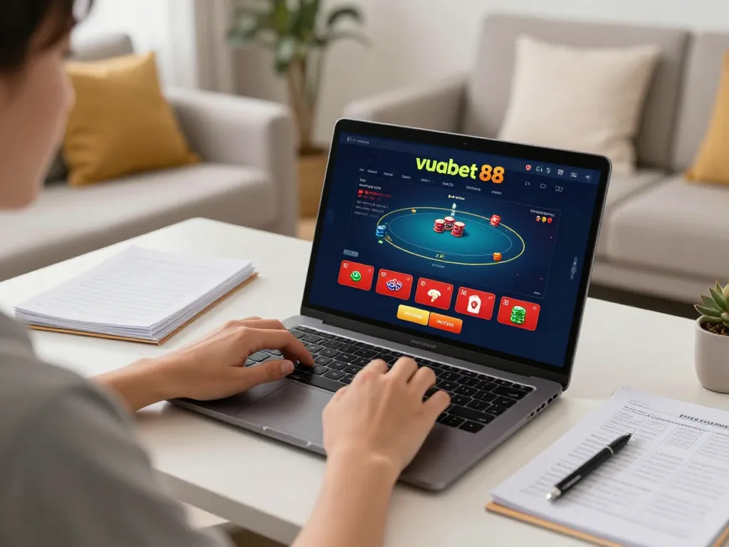 Engaging gameplay on vuabet 88 online casino platform from a cozy home setup, showcasing poker interface and strategy notes