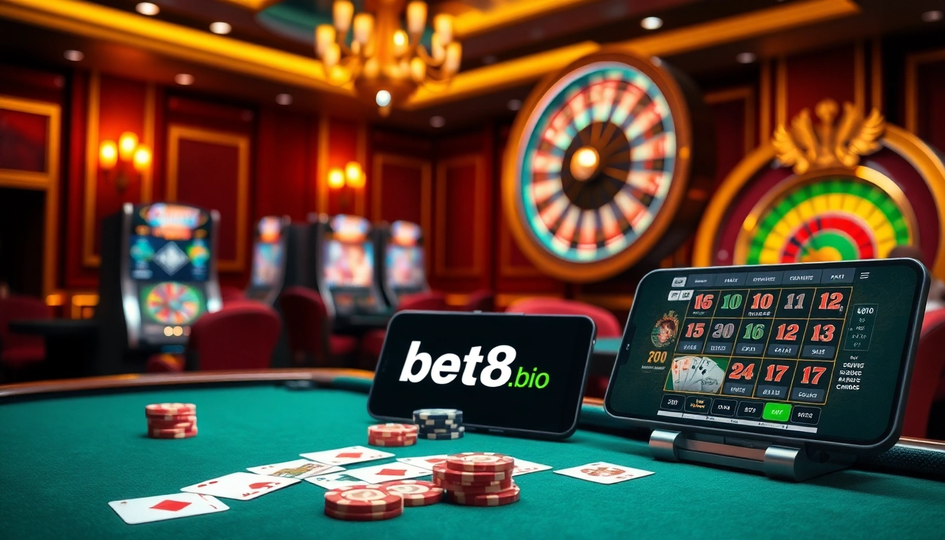 Experience the dynamic gaming action at bet88vn.bio, featuring luxurious casino elements like cards, chips, and online interfaces.