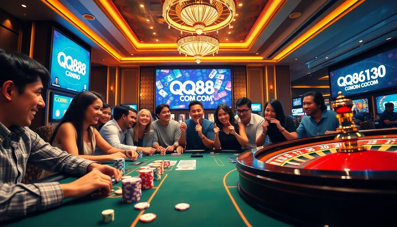 Exciting players at the QQ88 COM casino gaming table, showcasing poker chips and a roulette wheel.