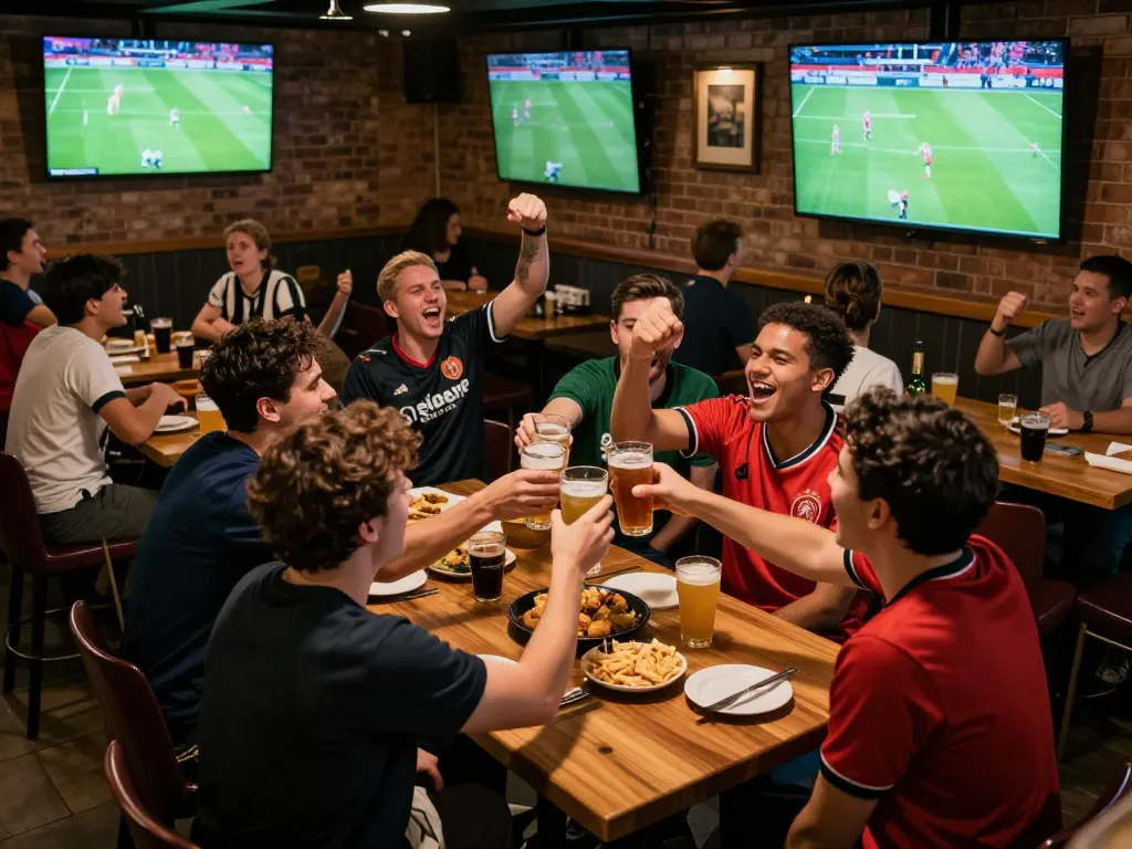Excited fans enjoying xem trực tiếp bóng đá at a lively sports bar during live matches.