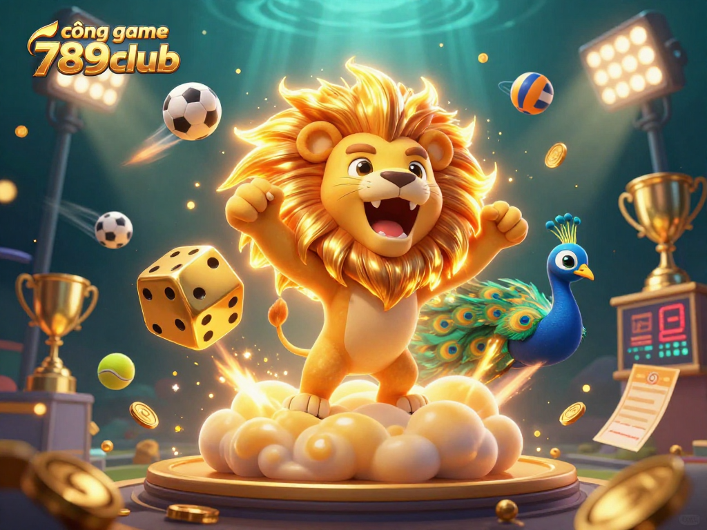 Engage in thrilling gameplay with cổng game 789club as golden dice and sports elements collide in a vibrant 3D scene.
