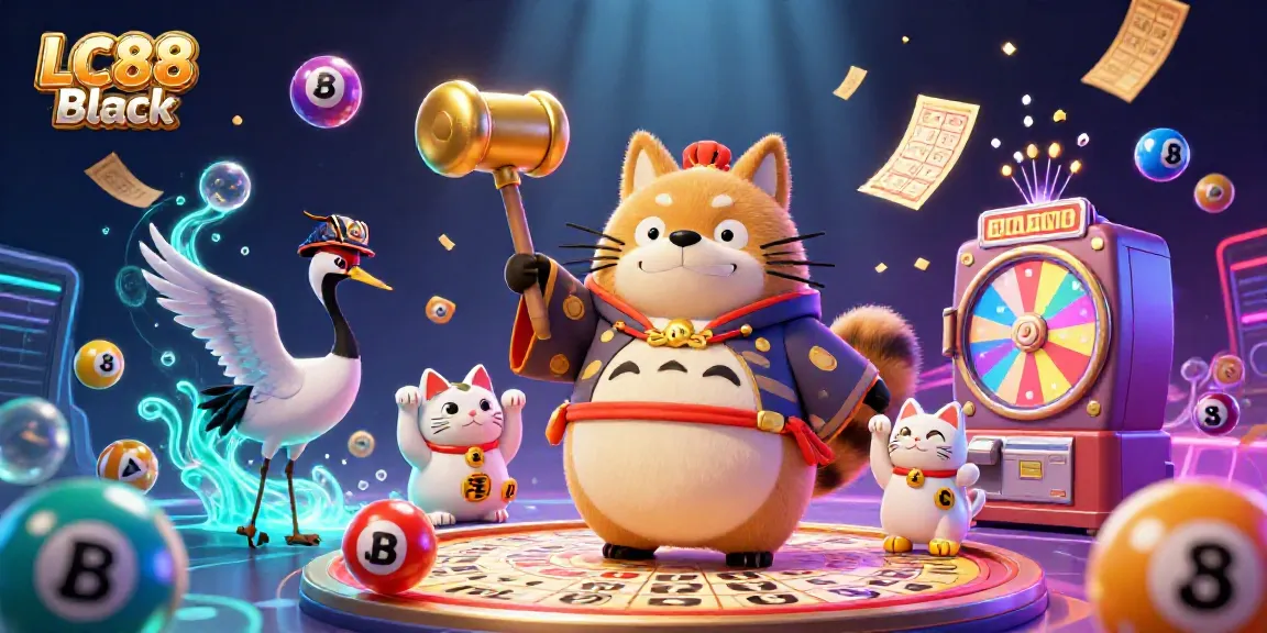 Engage in thrilling gameplay at LC88 Black with a dynamic illustration featuring vibrant lottery elements.