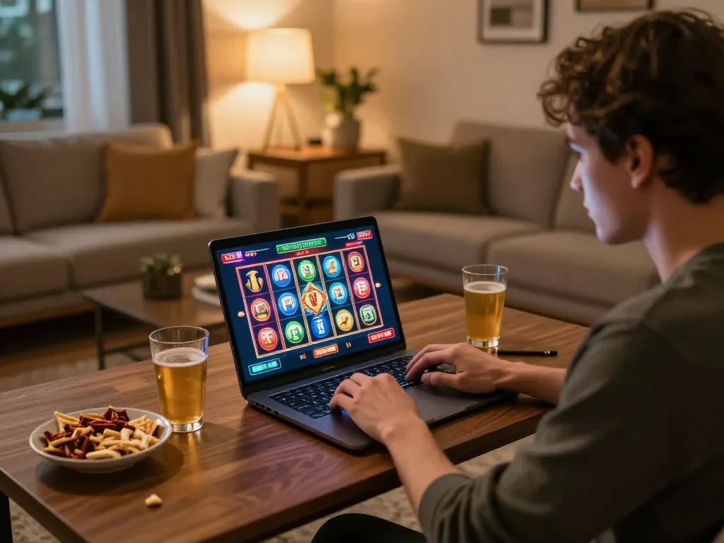 No hu slot gaming session at home with immersive digital display and focused player experience.