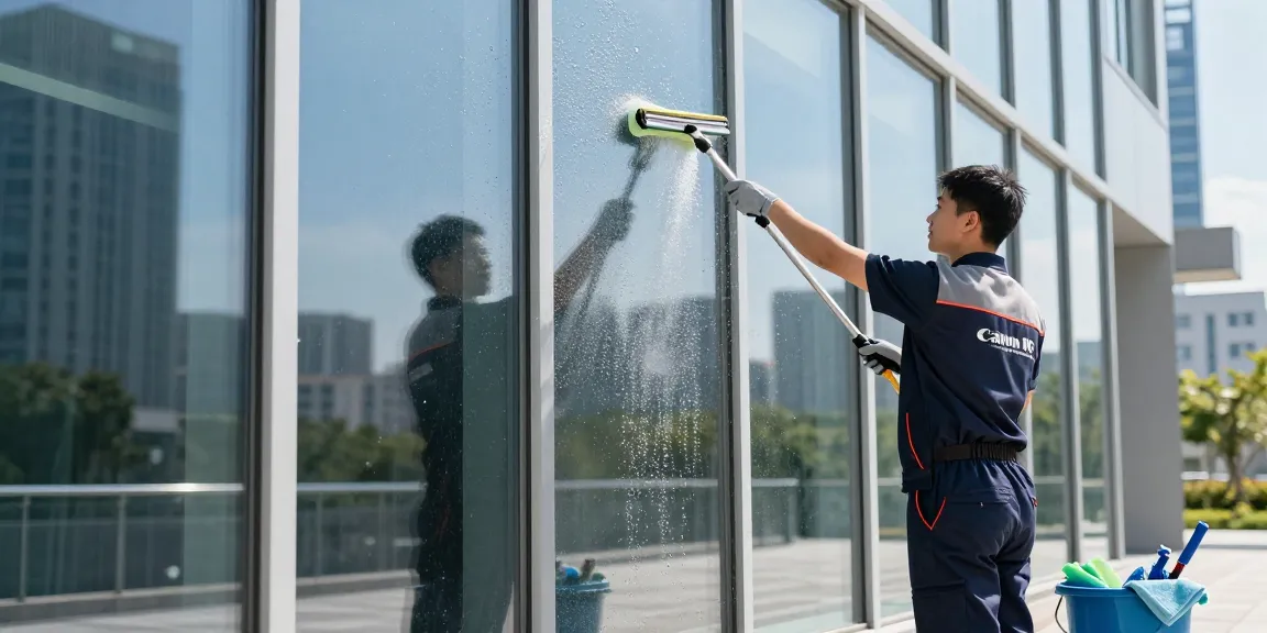 Expert glasreinigung preis service in a modern office, technician cleaning large windows with tools.