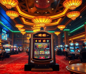 Nổ hũ slot machine in a vibrant casino setting with lively gamblers.