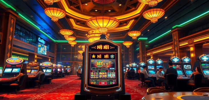 Nổ hũ slot machine in a vibrant casino setting with lively gamblers.
