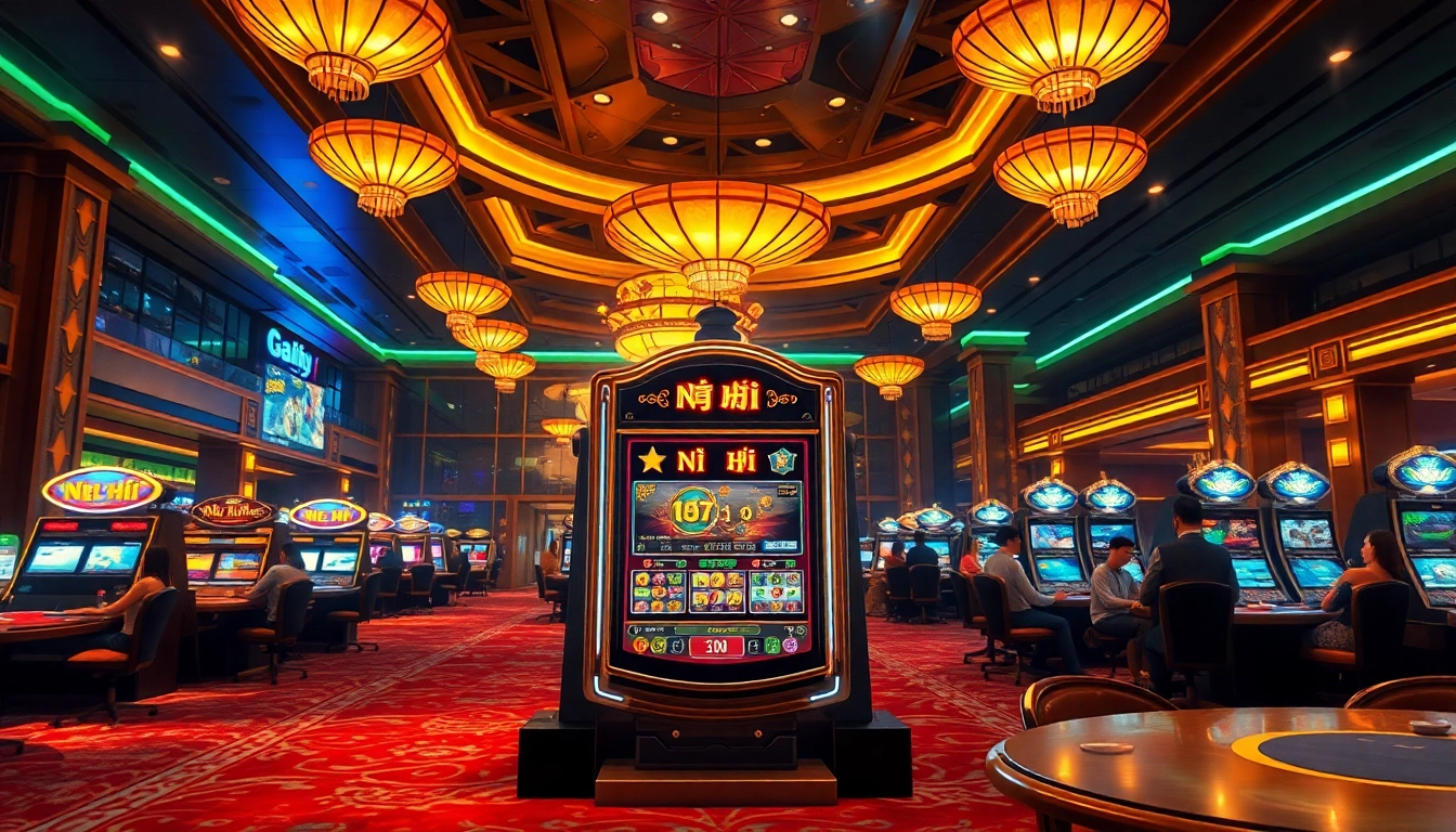Nổ hũ slot machine in a vibrant casino setting with lively gamblers.