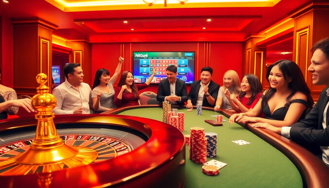 Engaged players enjoying a high-stakes game at Nhà cái Hitclub's luxurious casino setting.