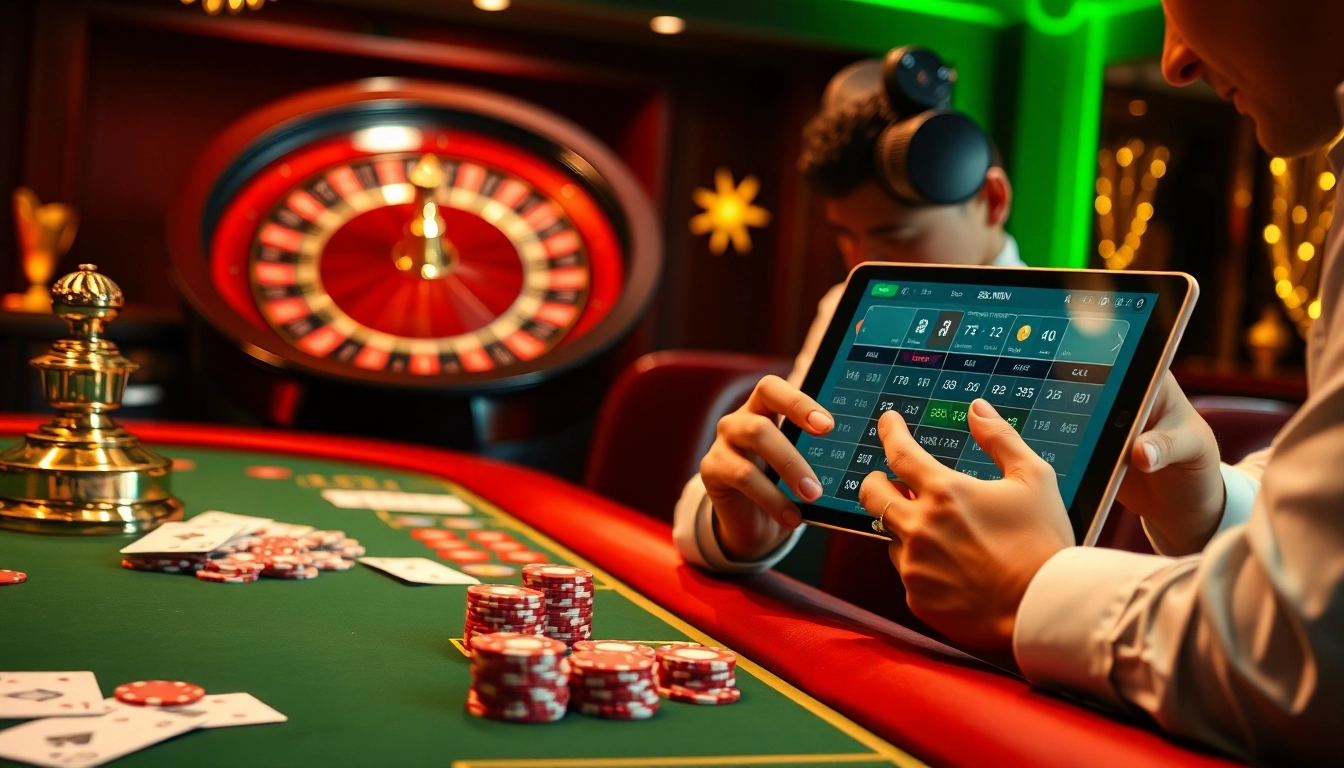 33WIN players enjoying a thrilling casino experience with chips and cards at a sleek gambling table.