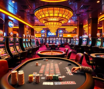Exciting GG88 gaming area with vibrant slot machines and poker action.