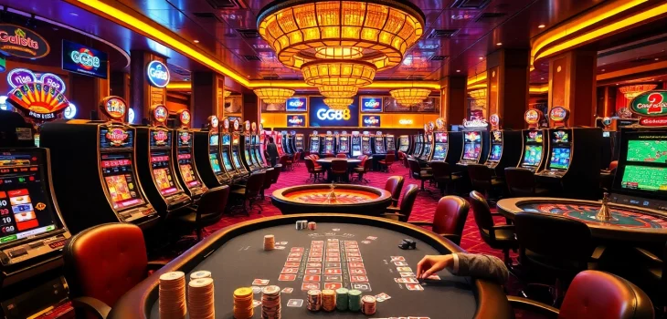 Exciting GG88 gaming area with vibrant slot machines and poker action.