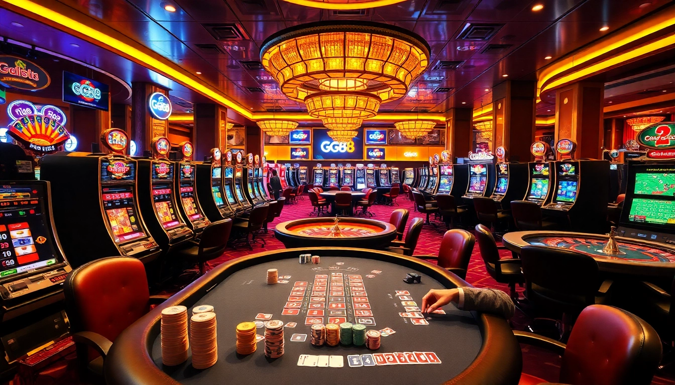 Exciting GG88 gaming area with vibrant slot machines and poker action.
