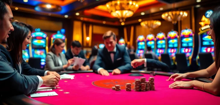 Engaged players winning at nk88 casino poker table with vibrant elements.