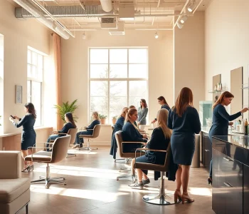 Omnia Salon features a welcoming interior with stylists providing hair services and high-quality products.