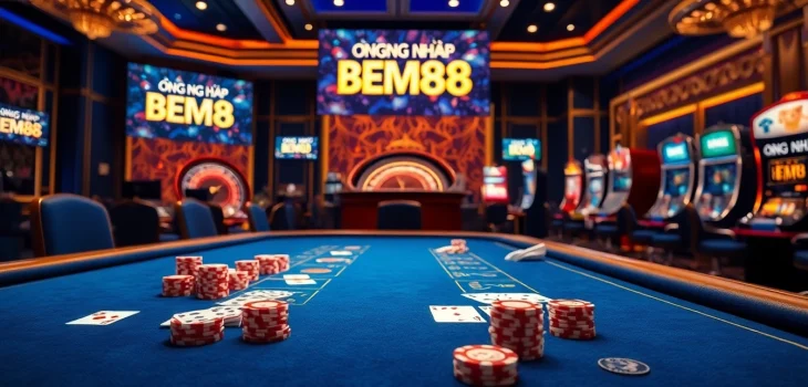 Engaging casino table showcasing luxurious gambling elements while inviting players to ĐĂNG NHẬP BEM88 for an exciting experience.