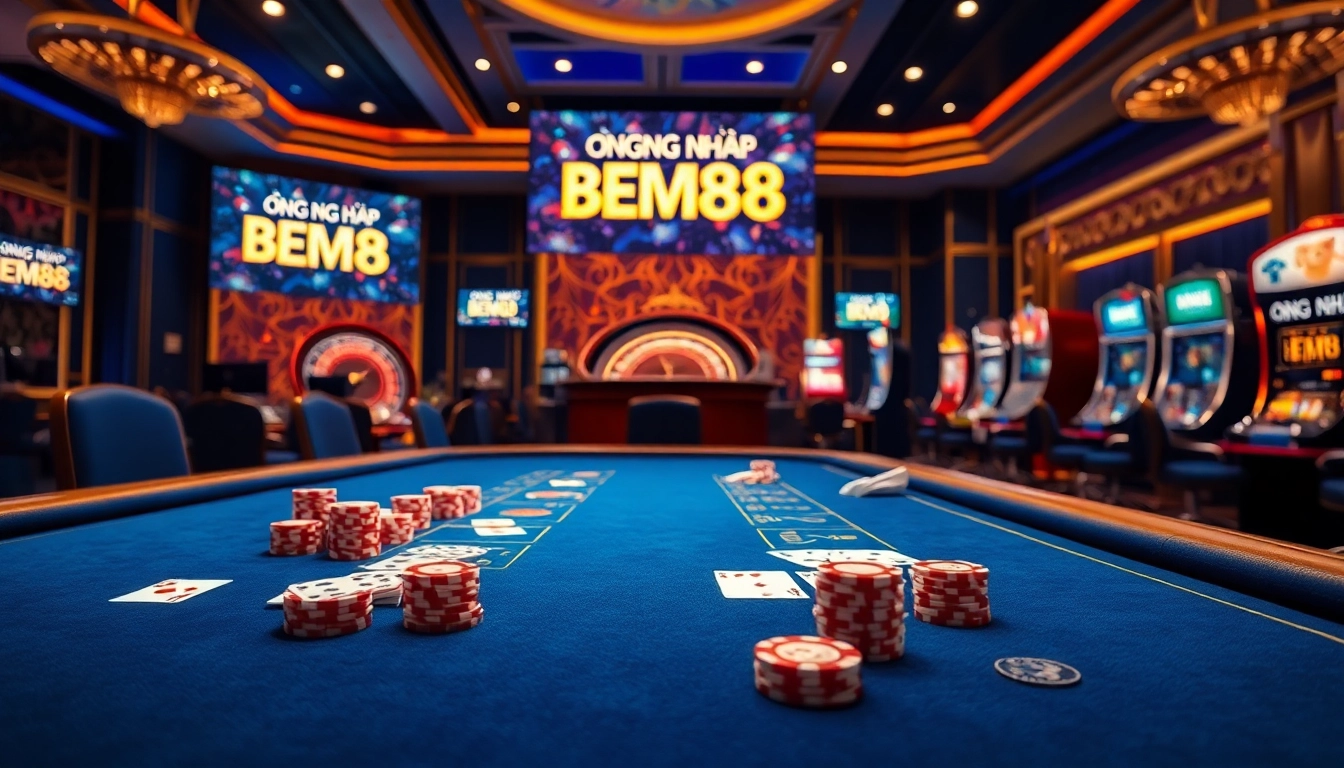 Engaging casino table showcasing luxurious gambling elements while inviting players to ĐĂNG NHẬP BEM88 for an exciting experience.