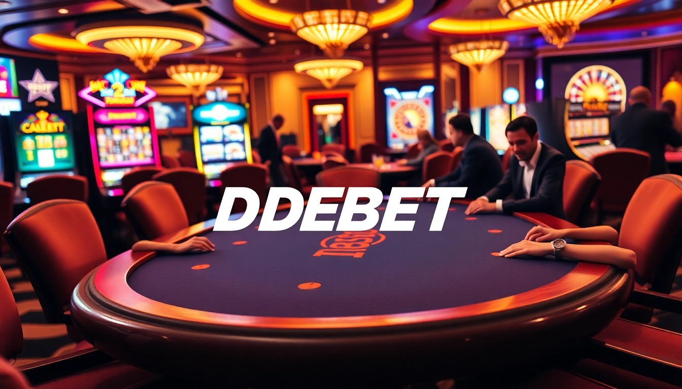 Players enjoy a thrilling poker game at a DEBET casino table with vibrant slot machines in the background.