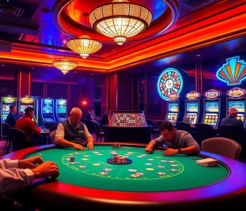 Exciting gambling scene at Nhà cái F168 with poker table, roulette wheel, and vibrant casino elements.