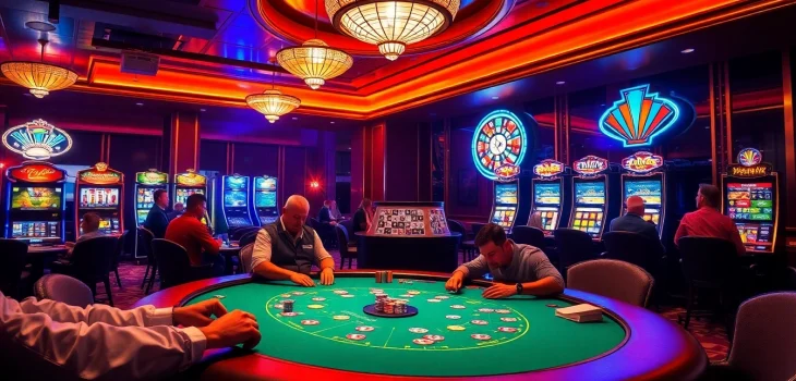 Exciting gambling scene at Nhà cái F168 with poker table, roulette wheel, and vibrant casino elements.