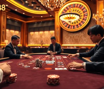Experience excitement at NHÀ CÁI UU88 with a luxurious casino gaming table filled with vibrant chips and cards.