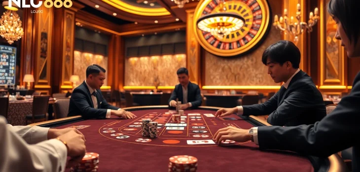 Experience excitement at NHÀ CÁI UU88 with a luxurious casino gaming table filled with vibrant chips and cards.