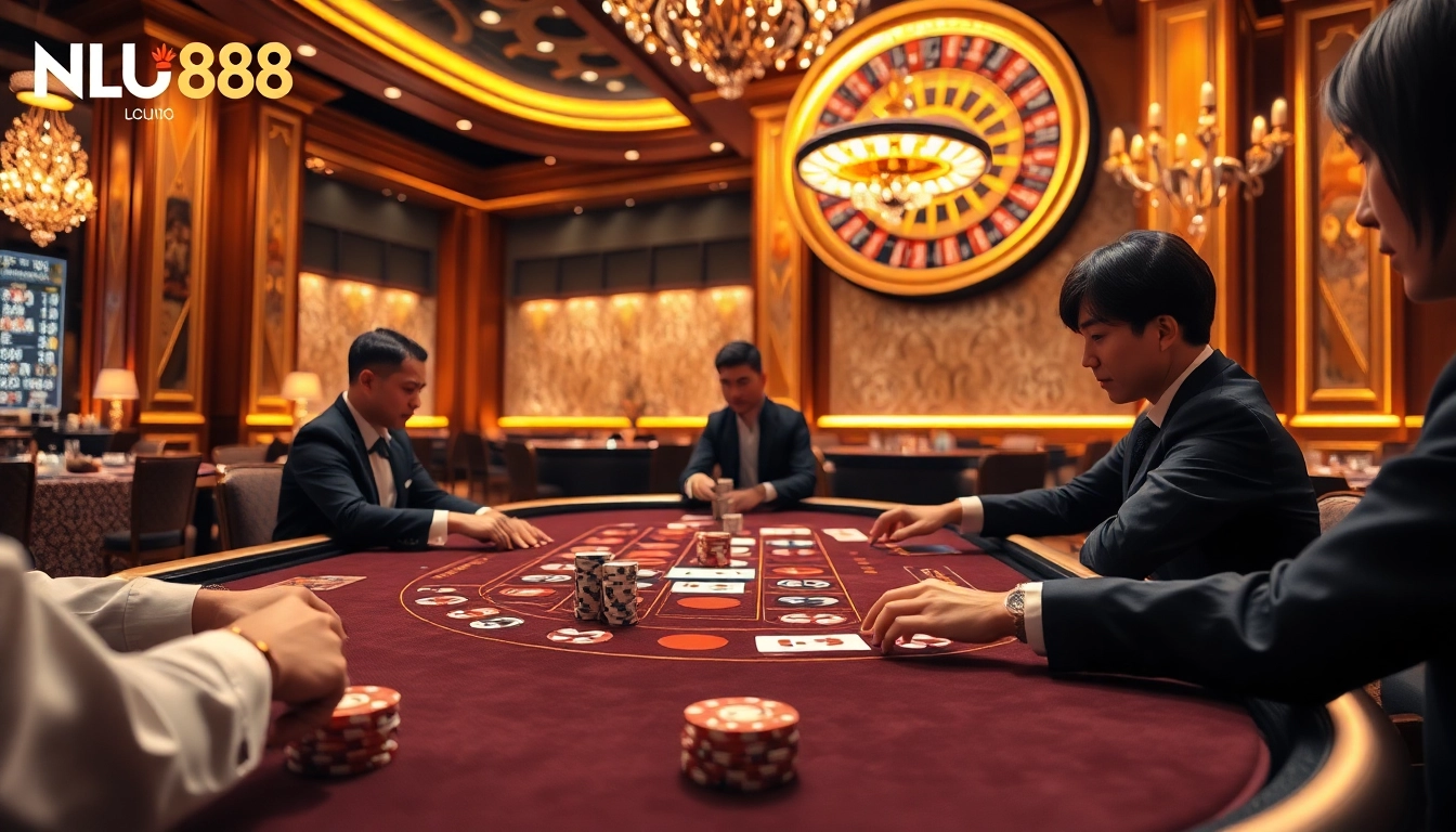 Experience excitement at NHÀ CÁI UU88 with a luxurious casino gaming table filled with vibrant chips and cards.