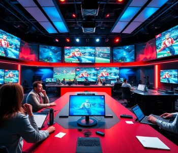 Engaging hosts discussing key moments in Sports Broadcasting within a dynamic studio setting.