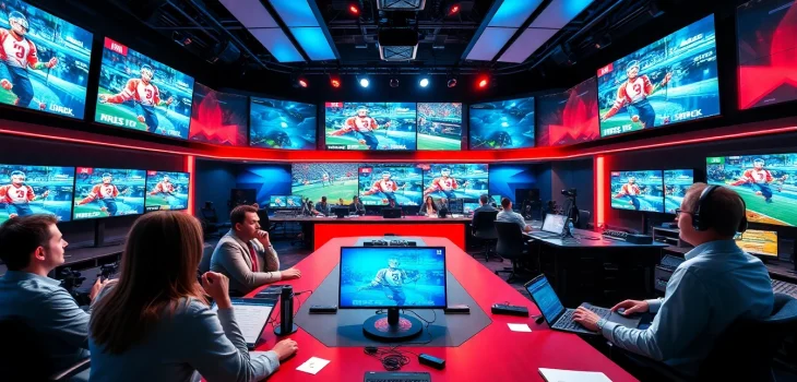 Engaging hosts discussing key moments in Sports Broadcasting within a dynamic studio setting.