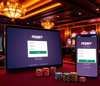 Experience the excitement of ĐĂNG NHẬP FEBET at a luxurious online casino interface featuring vibrant slot machines and card tables.