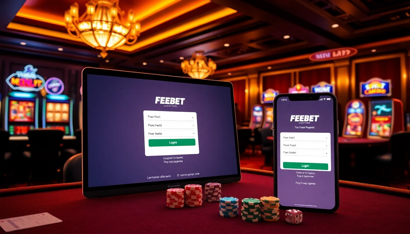Experience the excitement of ĐĂNG NHẬP FEBET at a luxurious online casino interface featuring vibrant slot machines and card tables.