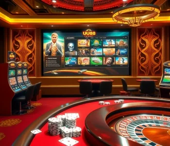 Experience the thrill of UU88 Casino with vibrant slot machines and poker tables in a luxurious setting.