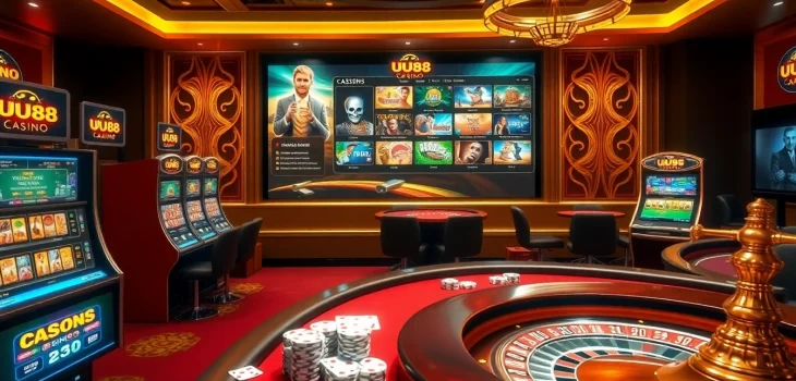 Experience the thrill of UU88 Casino with vibrant slot machines and poker tables in a luxurious setting.