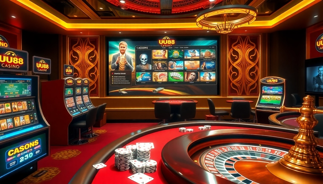 Experience the thrill of UU88 Casino with vibrant slot machines and poker tables in a luxurious setting.