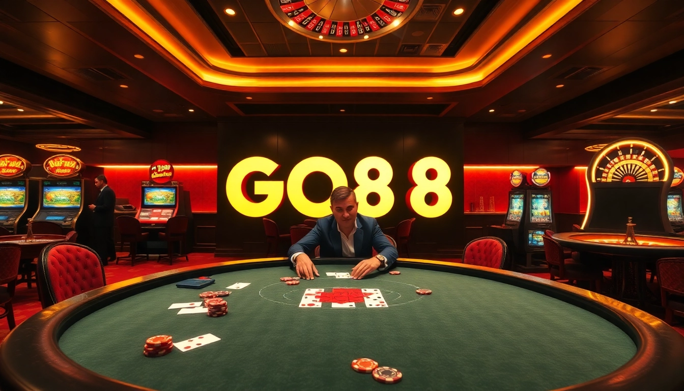 Players enjoying a thrilling game at a GO88 casino table, surrounded by vibrant slot machines.
