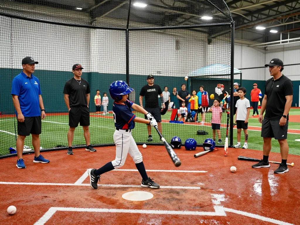 Young athlete practicing batting at hitclub indoor baseball facility, showcasing action and training equipment.