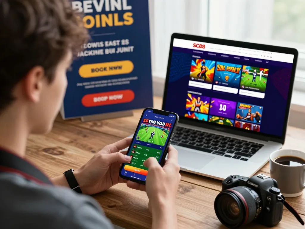 Engaged user navigating SC88's online betting platform, showcasing vibrant sports betting odds and game options.