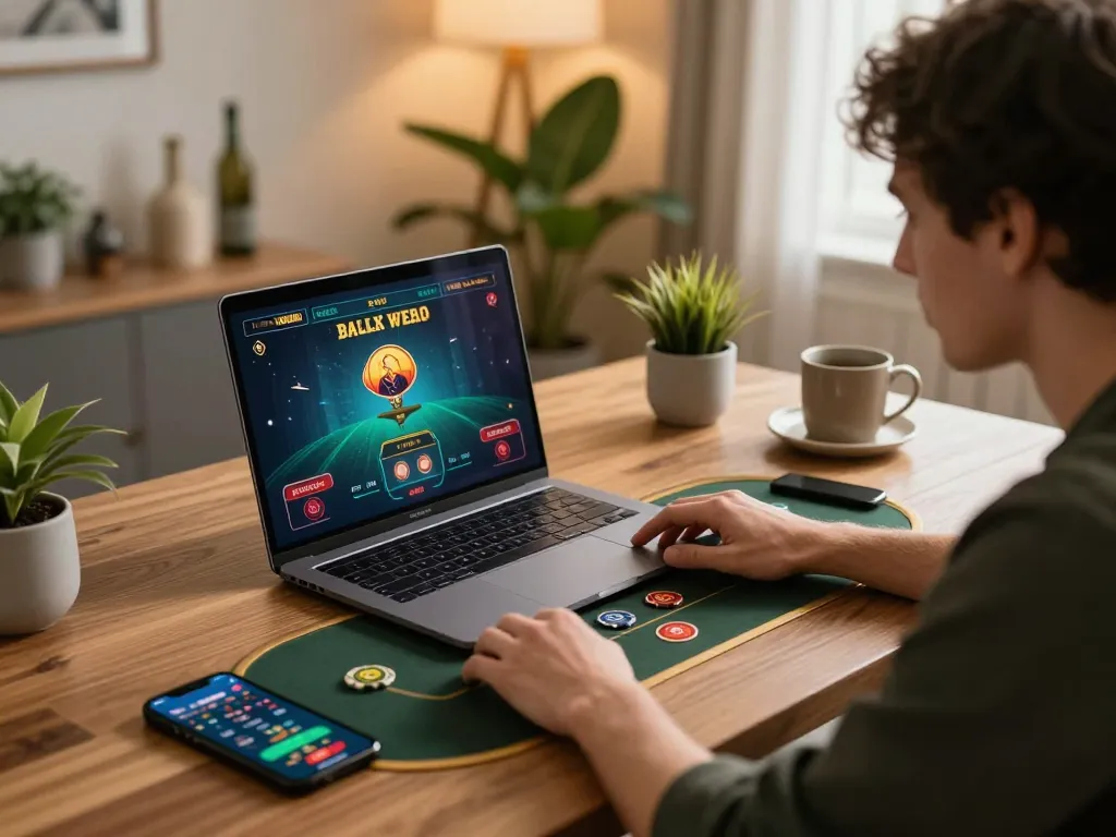 RR88 player engaging in online casino game with strategy notes at cozy home desk