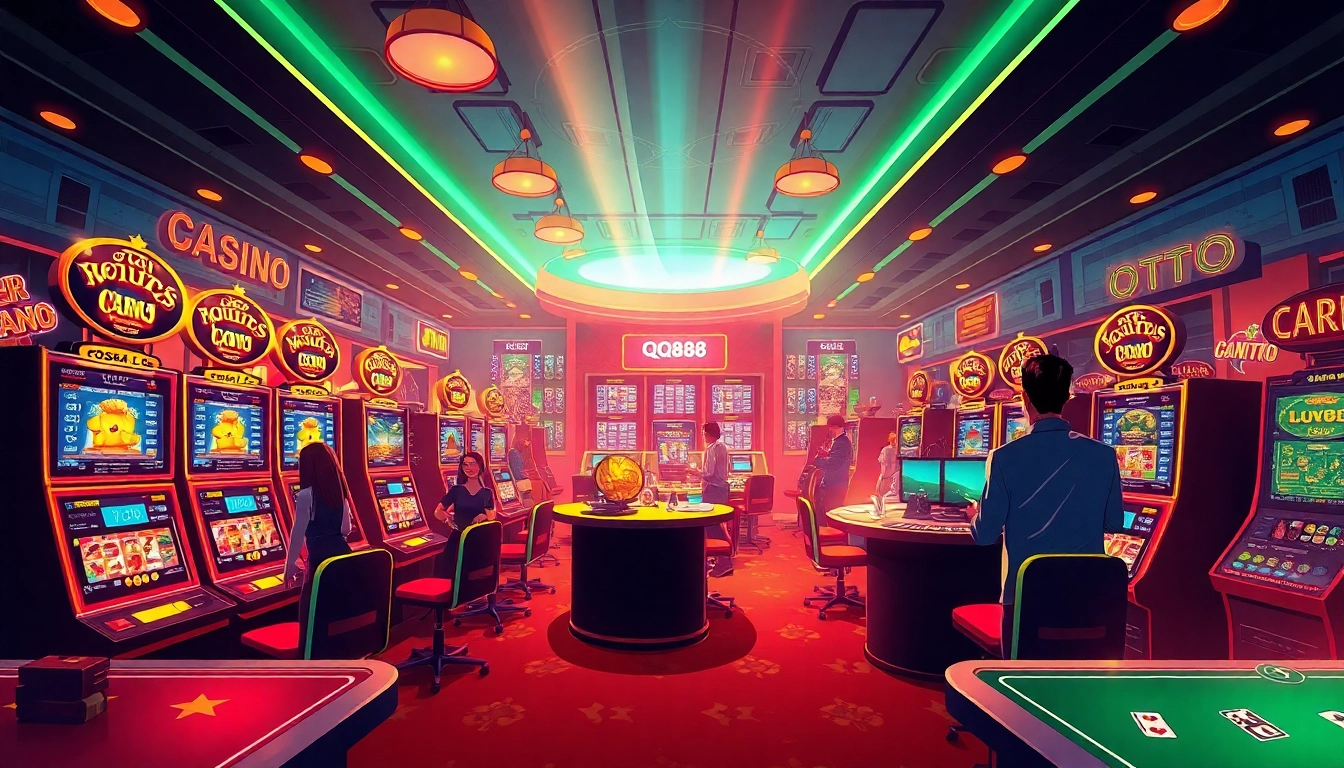 Exciting gaming atmosphere at QQ88 COM online casino with vibrant slot machines and engaging players.