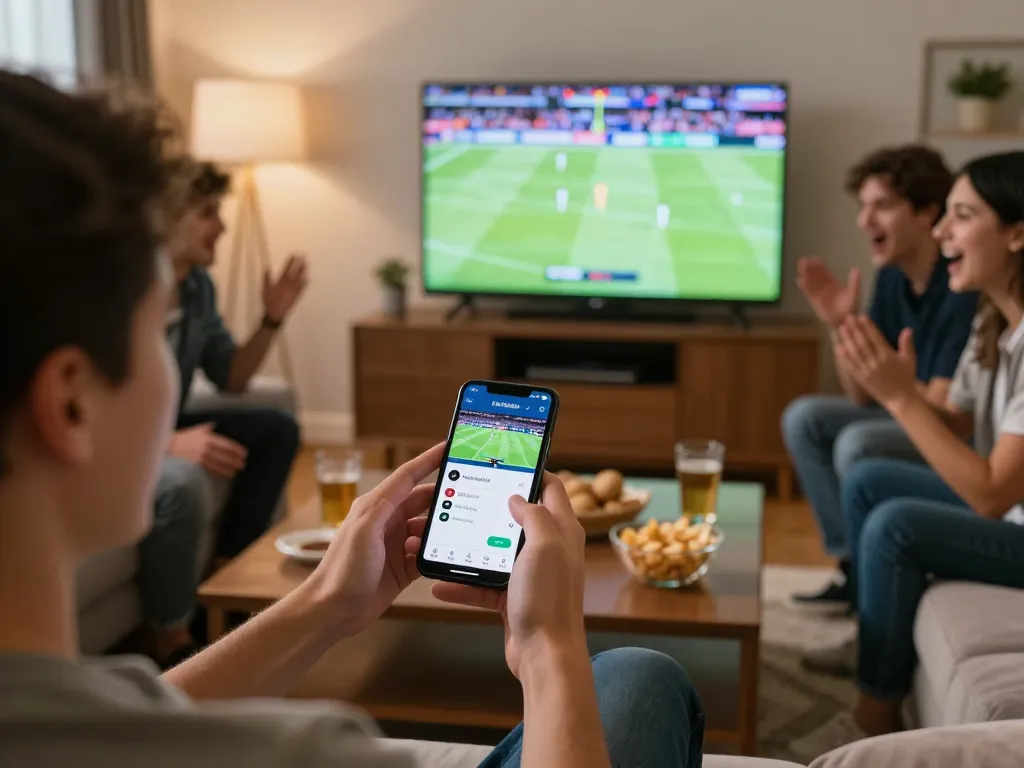 Engaging in mobile sports betting on TG88 during a live game at home with friends