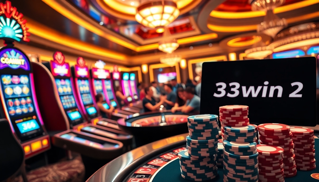 Immerse in the thrilling world of 33win 2 with vibrant casino machines and poker chips.